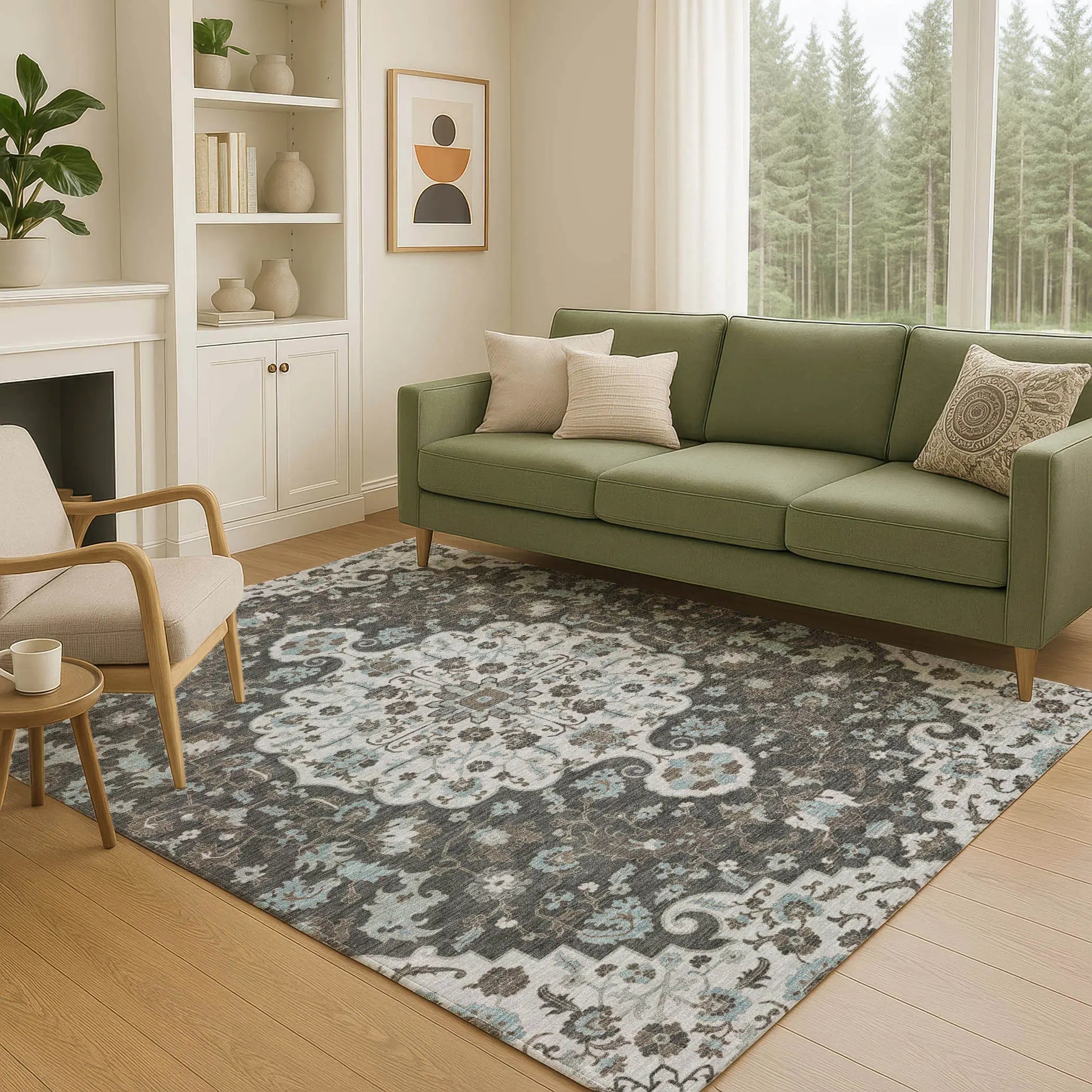9' X 12' Silver And Charcoal Floral Medallion Washable Indoor Outdoor Area Rug Homeroots Outdoor