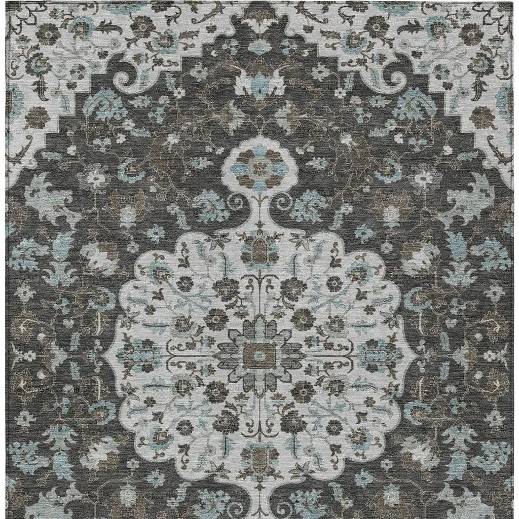 9' X 12' Silver And Charcoal Floral Medallion Washable Indoor Outdoor Area Rug Homeroots Outdoor
