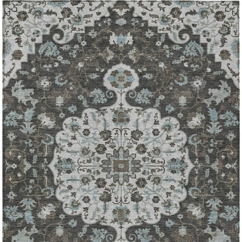 9' X 12' Silver And Charcoal Floral Medallion Washable Indoor Outdoor Area Rug Homeroots Outdoor