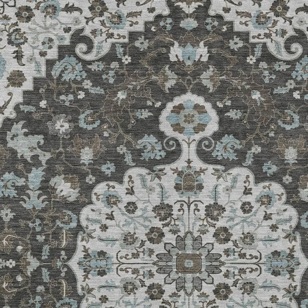 9' X 12' Silver And Charcoal Floral Medallion Washable Indoor Outdoor Area Rug Homeroots Outdoor