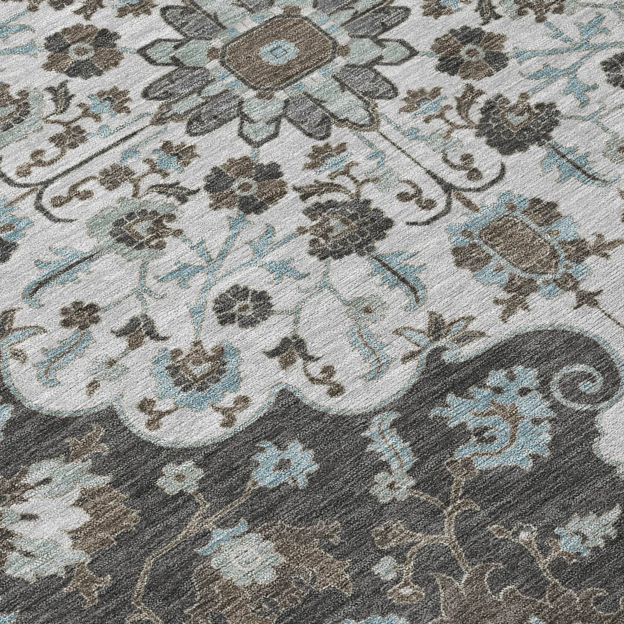 9' X 12' Silver And Charcoal Floral Medallion Washable Indoor Outdoor Area Rug Homeroots Outdoor