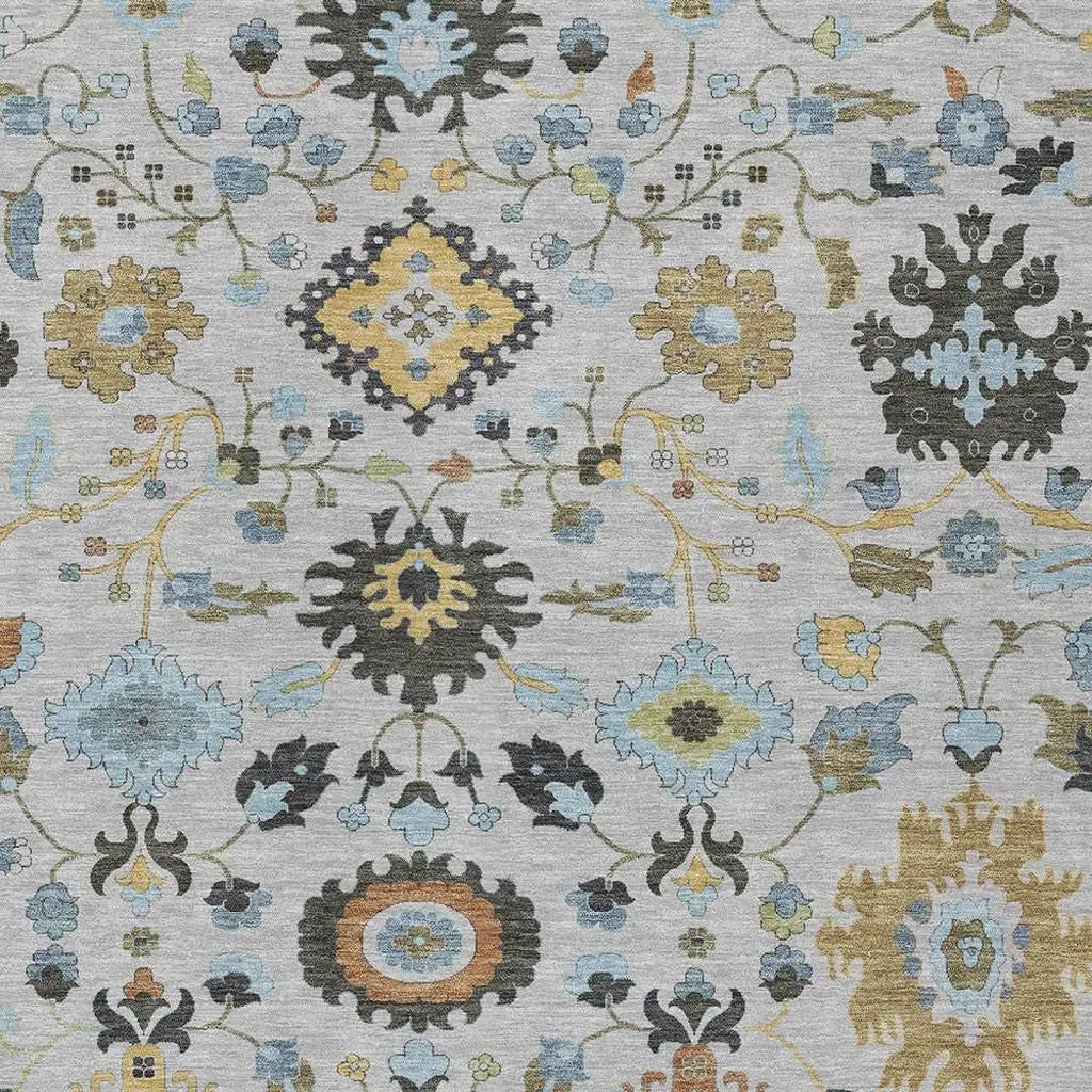 9' X 12' Silver And Charcoal Floral Medallion Washable Indoor Outdoor Area Rug Homeroots Outdoor