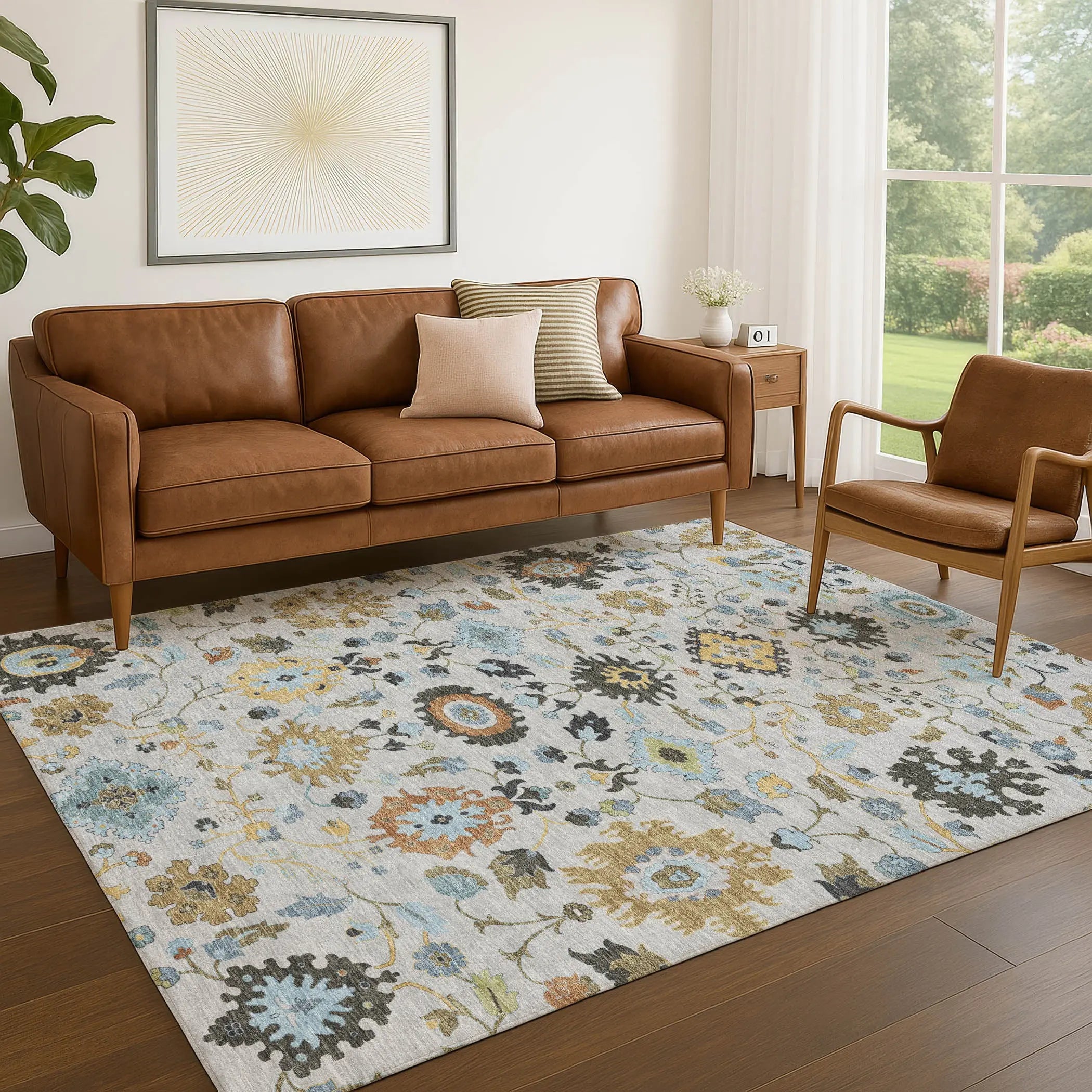 9' X 12' Silver And Charcoal Floral Medallion Washable Indoor Outdoor Area Rug Homeroots Outdoor