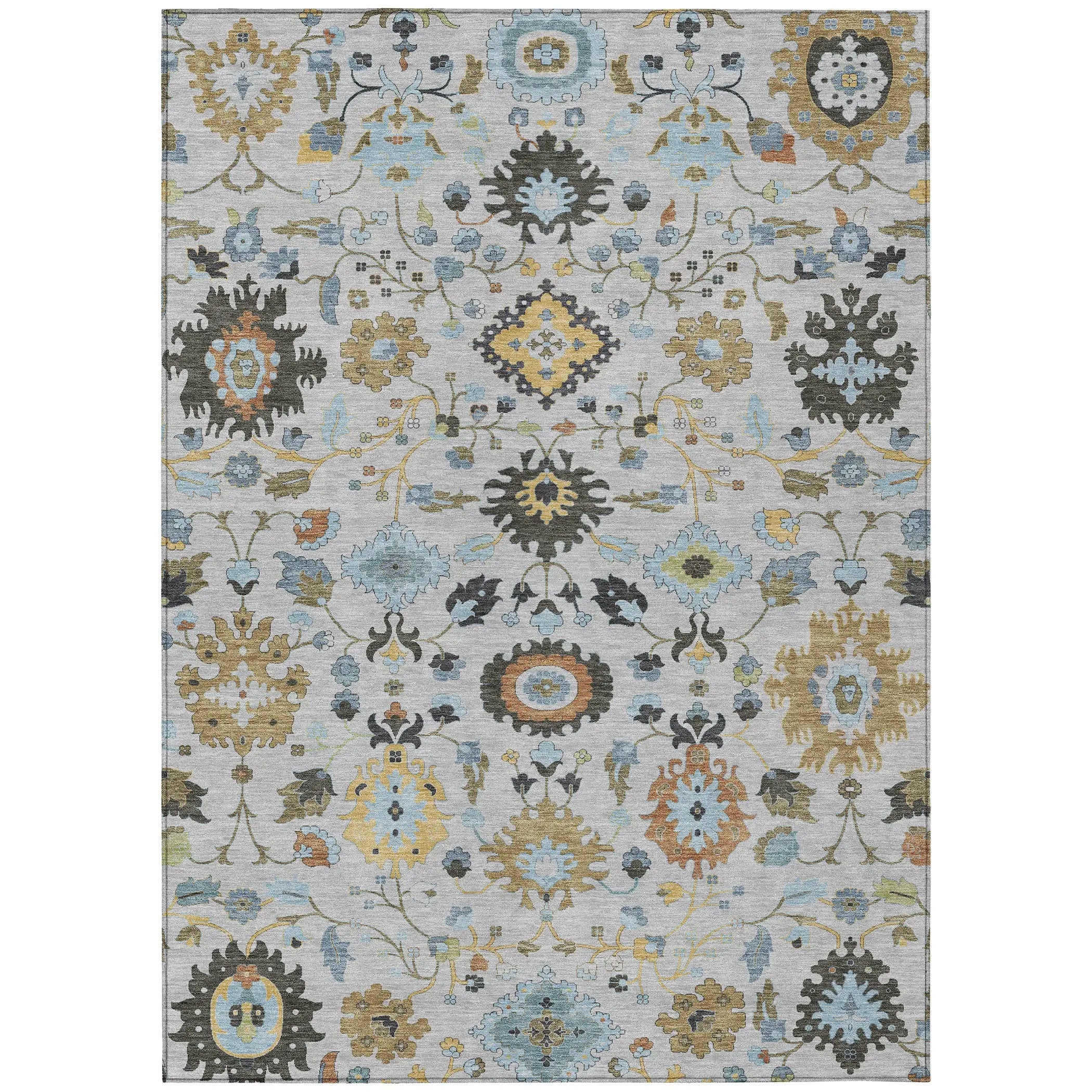 9' X 12' Silver And Charcoal Floral Medallion Washable Indoor Outdoor Area Rug Homeroots Outdoor