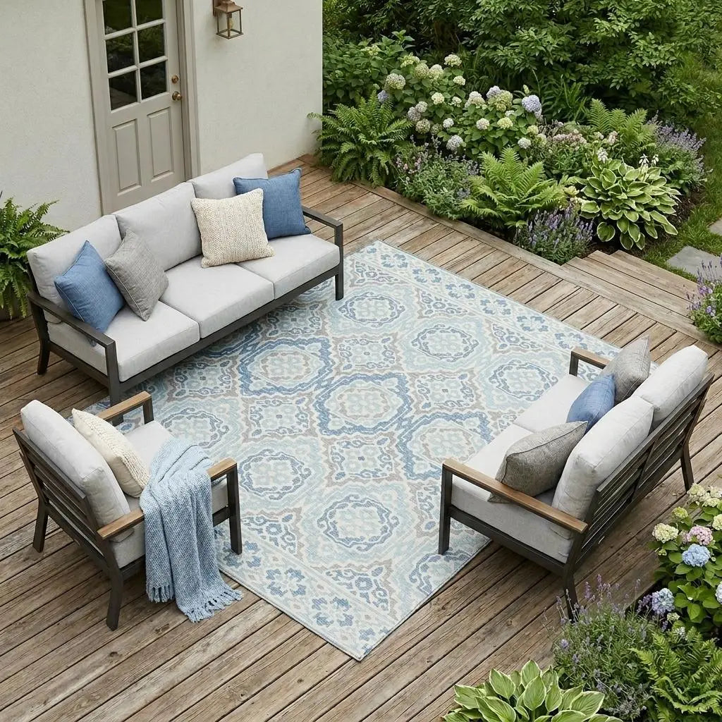 9' X 12' Sky Blue And Beige Tribal Washable Indoor Outdoor Area Rug Homeroots Outdoor