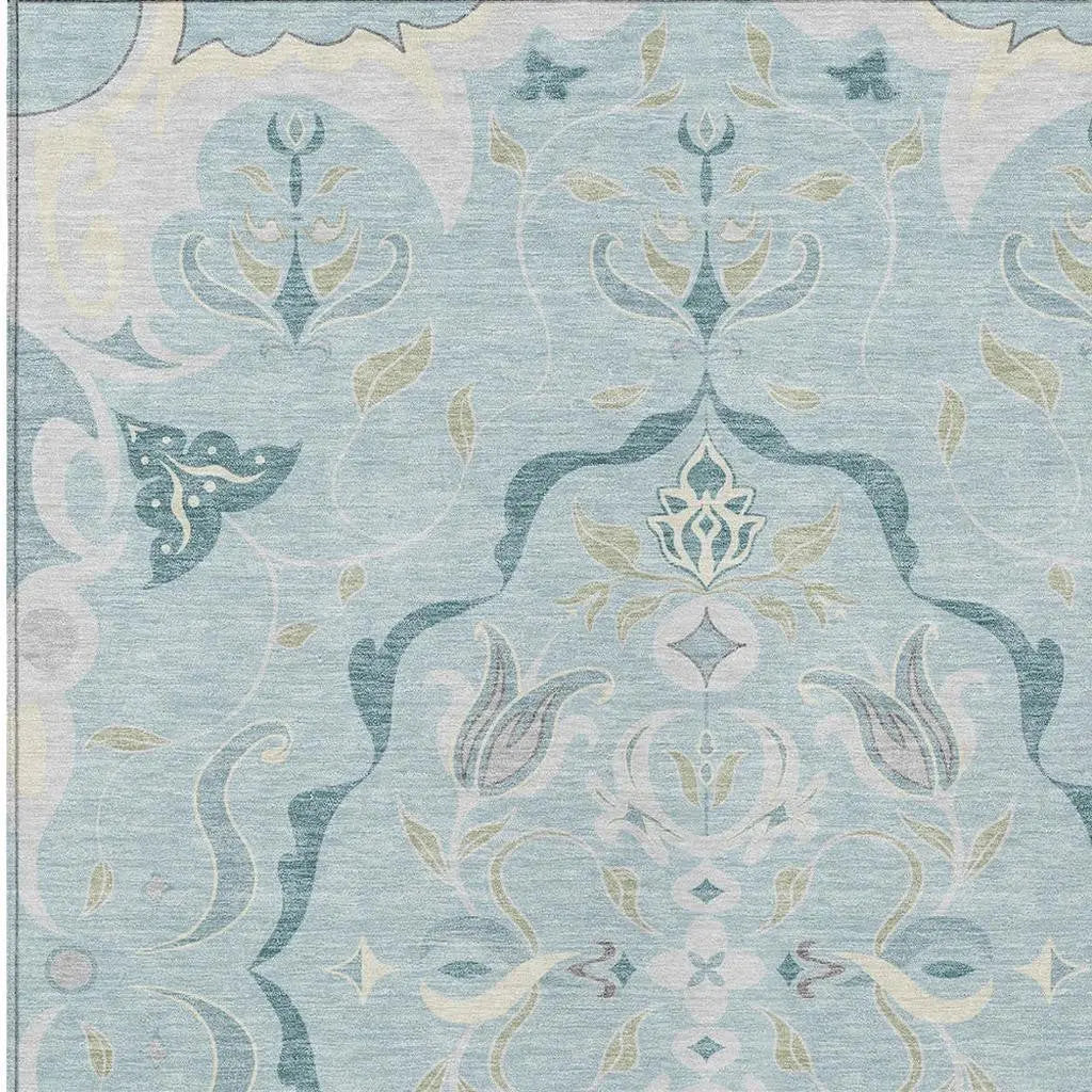 9' X 12' Sky Blue And Blue Damask Washable Indoor Outdoor Area Rug Homeroots Outdoor