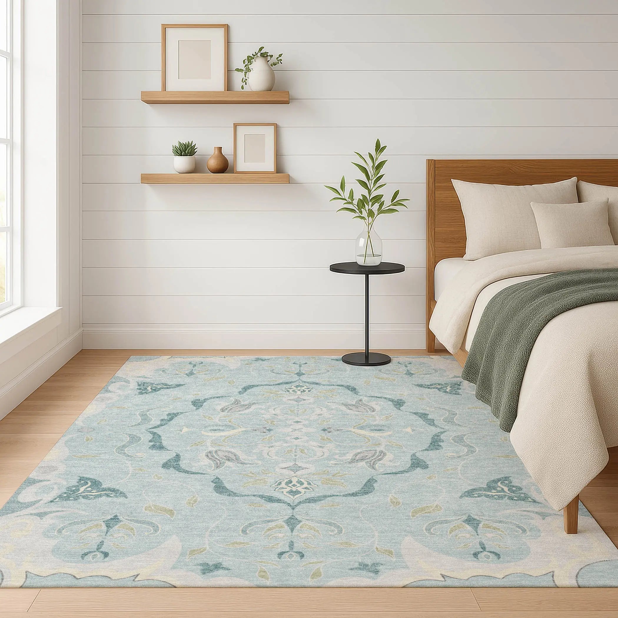 9' X 12' Sky Blue And Blue Damask Washable Indoor Outdoor Area Rug Homeroots Outdoor