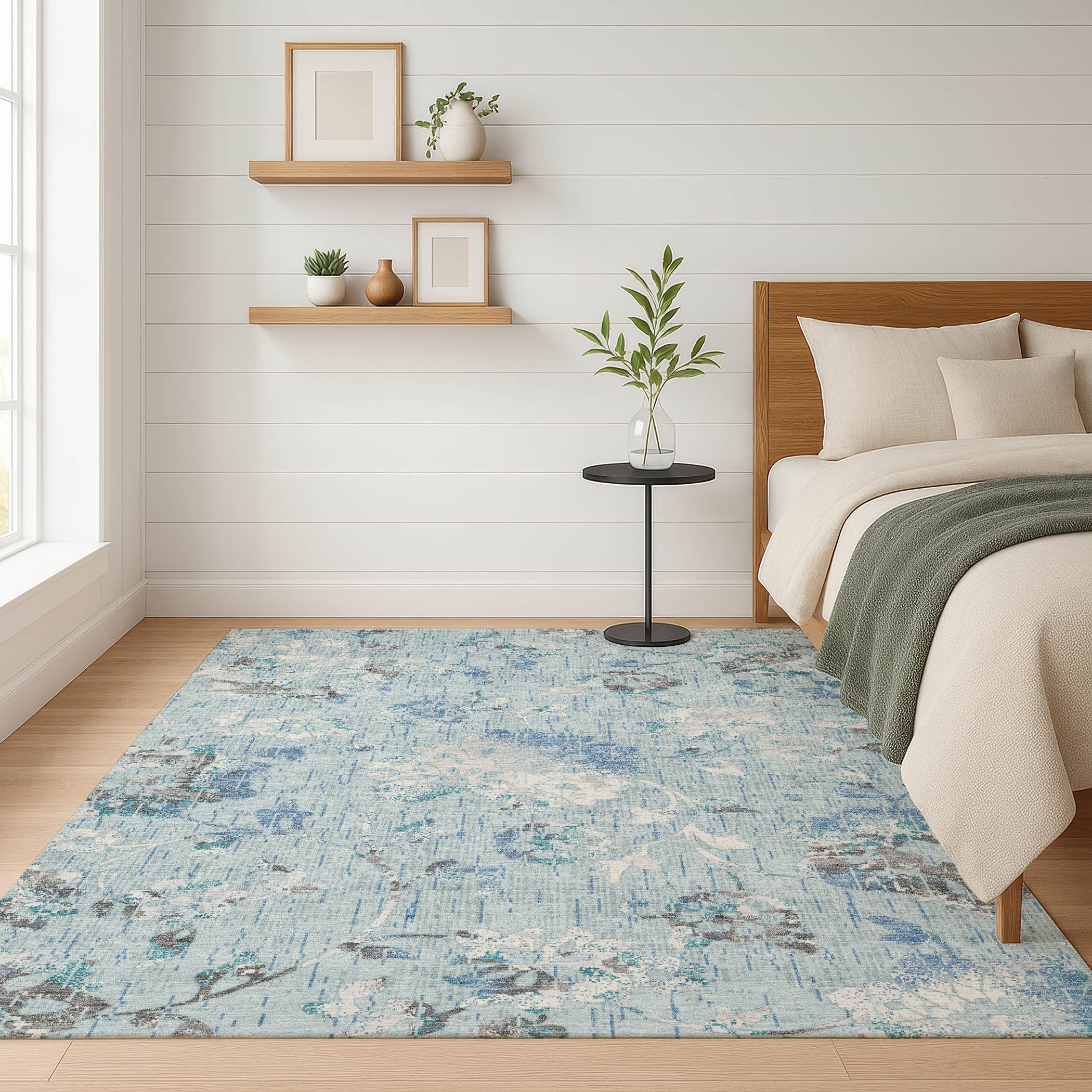 9' X 12' Sky Blue And Blue Floral Washable Indoor Outdoor Area Rug Homeroots Outdoor
