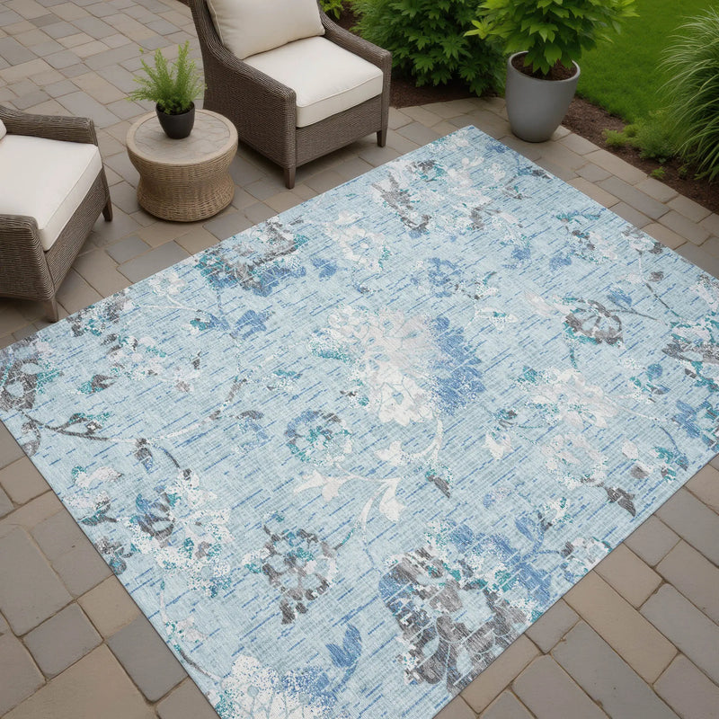 9' X 12' Sky Blue And Blue Floral Washable Indoor Outdoor Area Rug Homeroots Outdoor