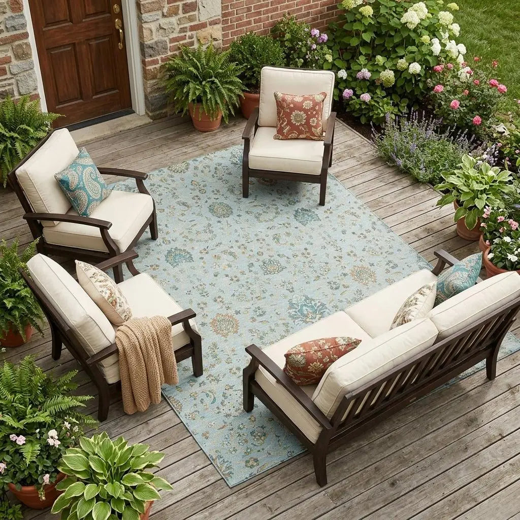 9' X 12' Sky Blue And Blue Floral Washable Indoor Outdoor Area Rug Homeroots Outdoor