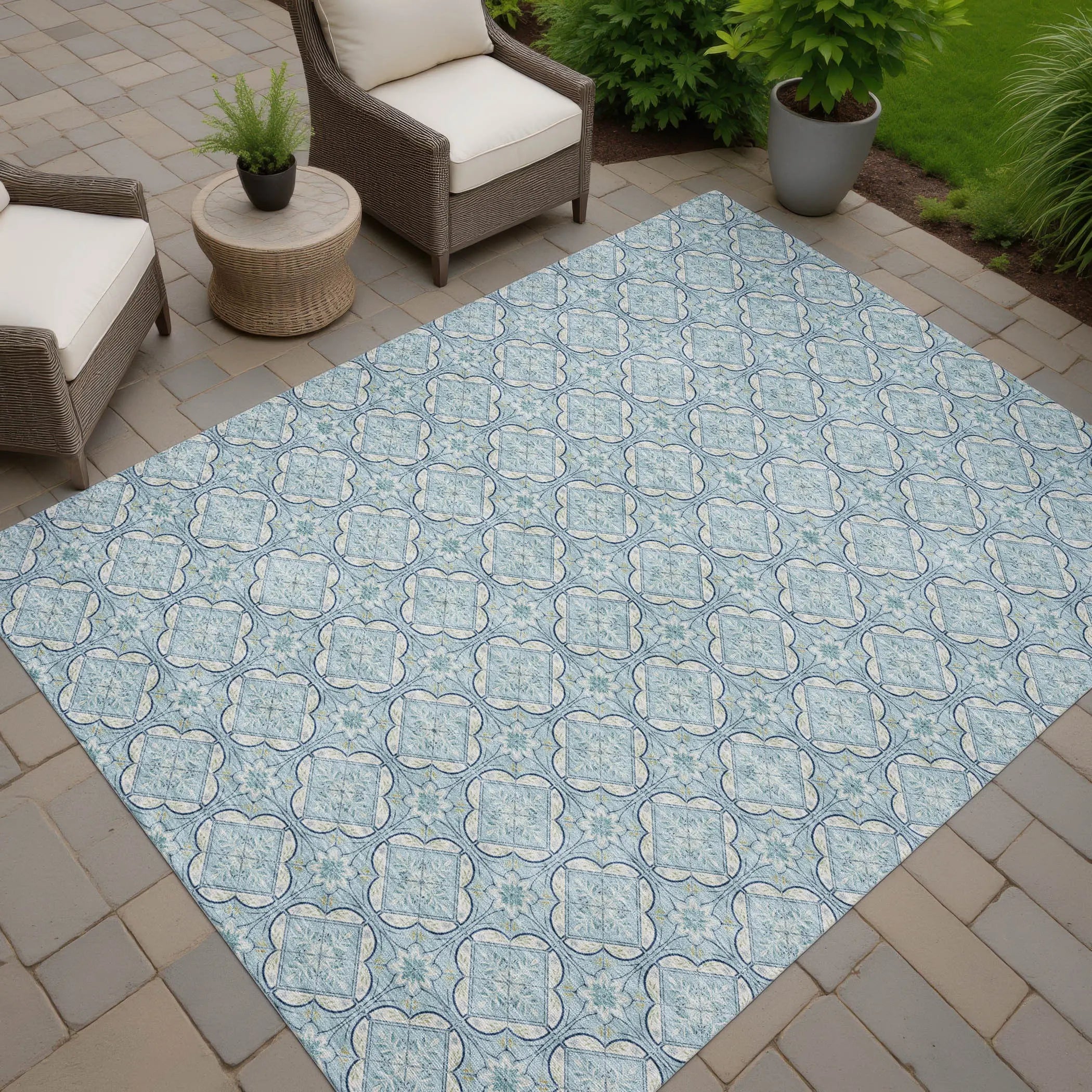 9' X 12' Sky Blue And Blue Geometric Washable Indoor Outdoor Area Rug Homeroots Outdoor