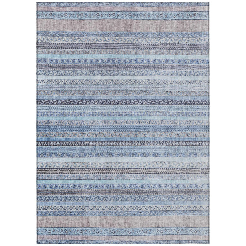 Blue patterned area rug made of durable synthetic material, featuring intricate tribal designs and a modern style.