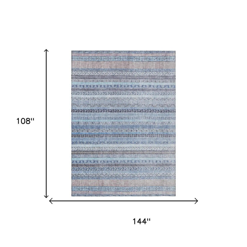 Multicolor striped area rug, 108"x144", featuring blue and beige tones in a modern woven design.