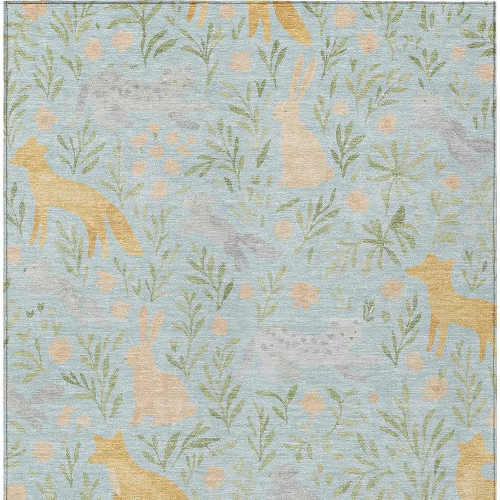 9' X 12' Sky Blue And Green Botanical Leaves Washable Indoor Outdoor Area Rug Homeroots Outdoor