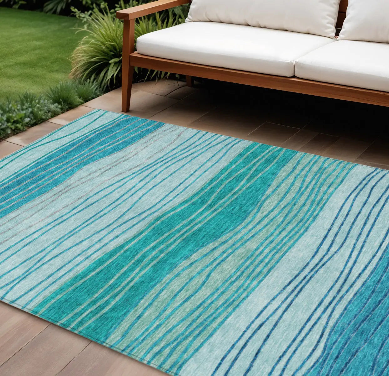9' X 12' Sky Blue Teal Blue And Aqua Striped Washable Indoor Outdoor Area Rug Homeroots Outdoor