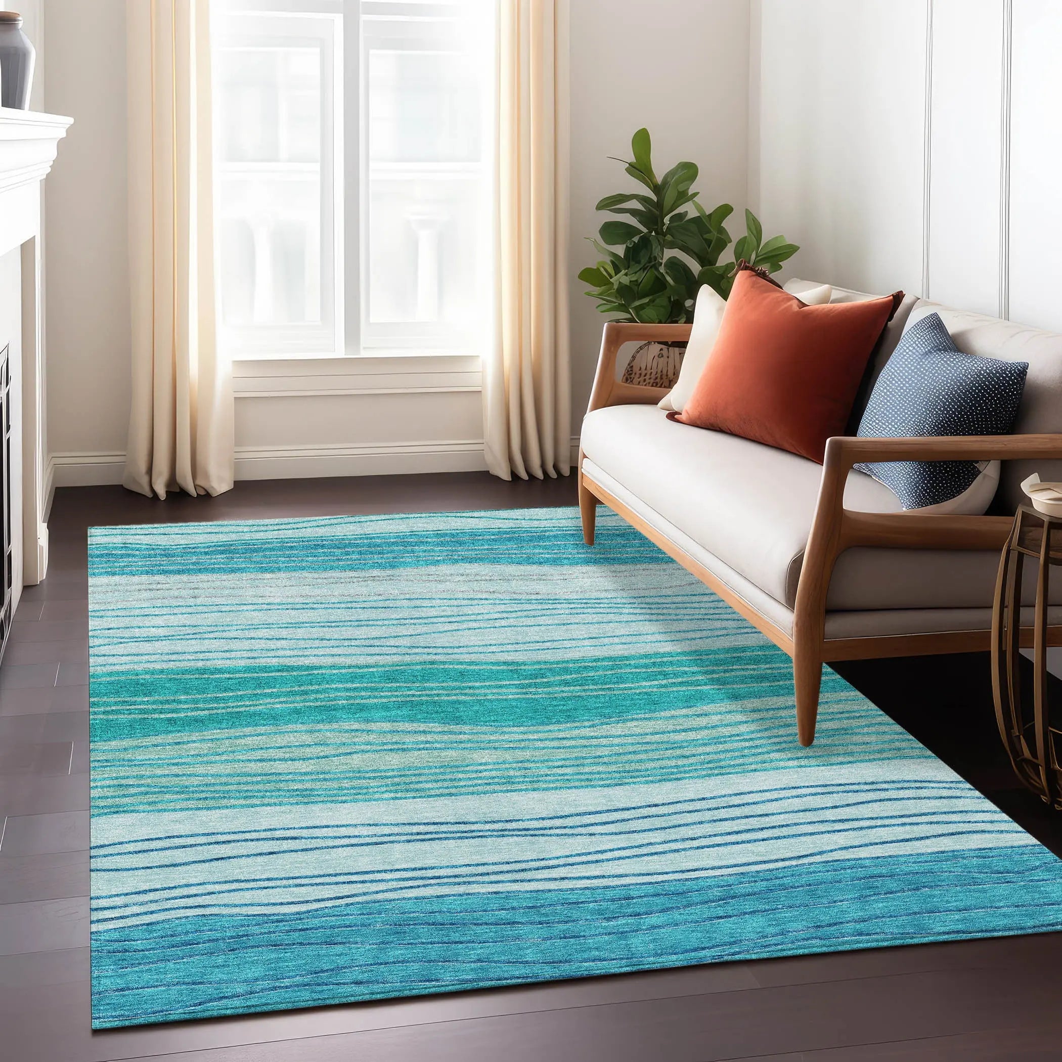 9' X 12' Sky Blue Teal Blue And Aqua Striped Washable Indoor Outdoor Area Rug Homeroots Outdoor