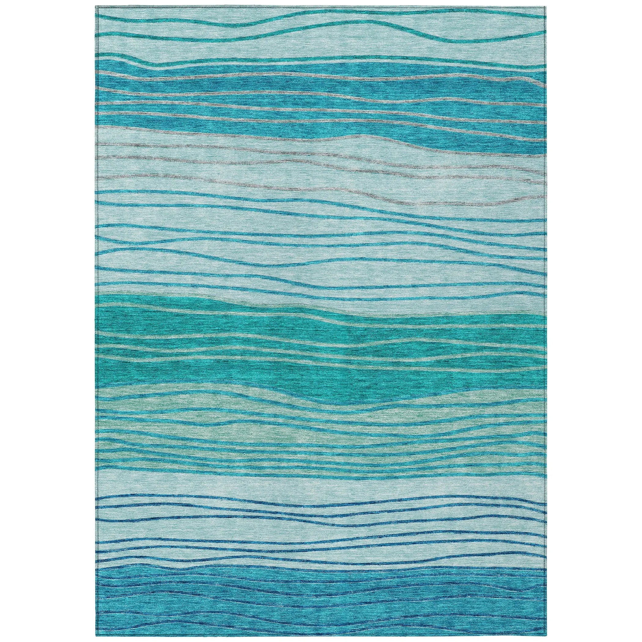 9' X 12' Sky Blue Teal Blue And Aqua Striped Washable Indoor Outdoor Area Rug Homeroots Outdoor