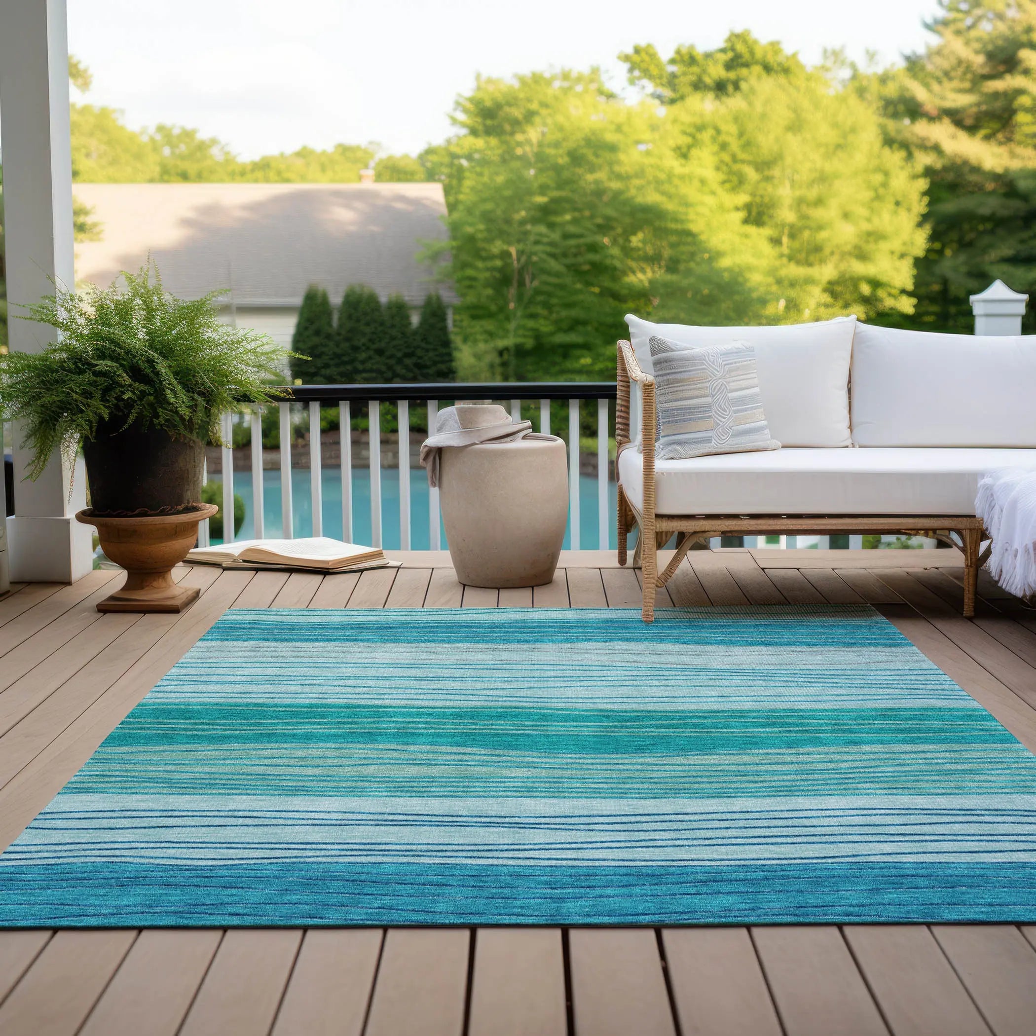 9' X 12' Sky Blue Teal Blue And Aqua Striped Washable Indoor Outdoor Area Rug Homeroots Outdoor