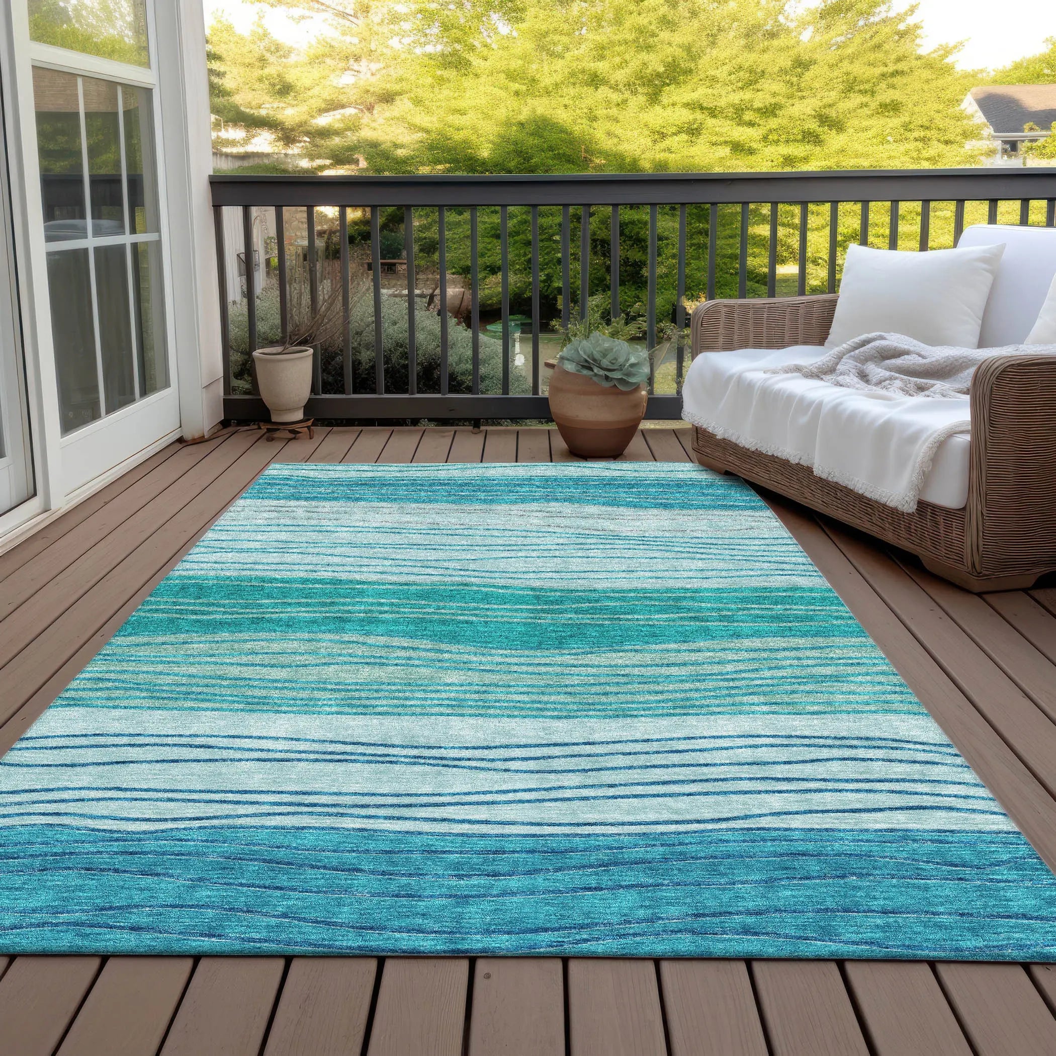 9' X 12' Sky Blue Teal Blue And Aqua Striped Washable Indoor Outdoor Area Rug Homeroots Outdoor