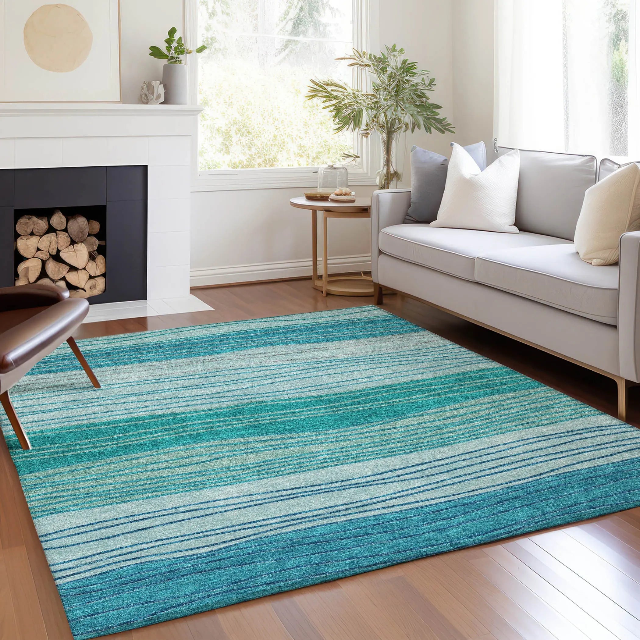 9' X 12' Sky Blue Teal Blue And Aqua Striped Washable Indoor Outdoor Area Rug Homeroots Outdoor