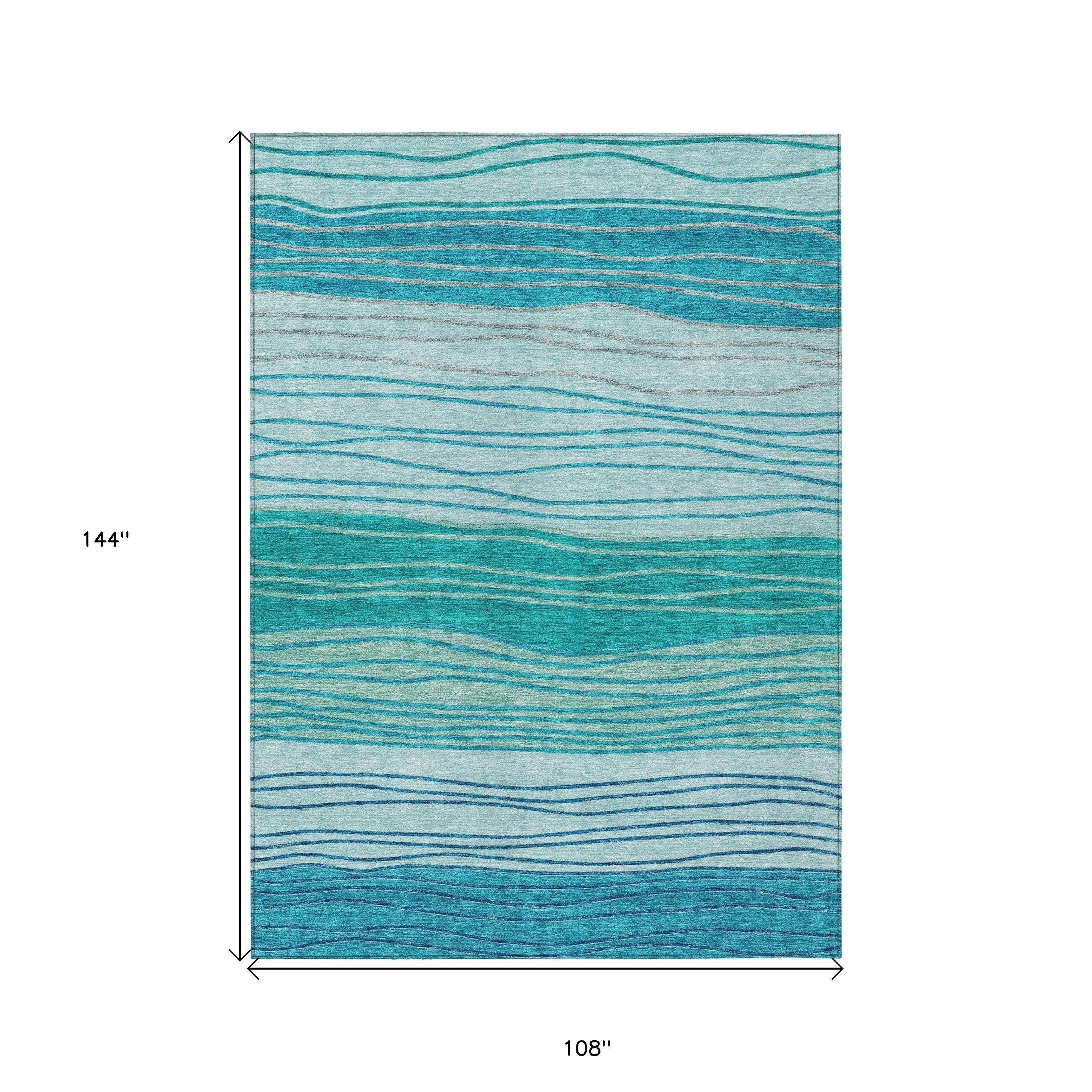 9' X 12' Sky Blue Teal Blue And Aqua Striped Washable Indoor Outdoor Area Rug Homeroots Outdoor