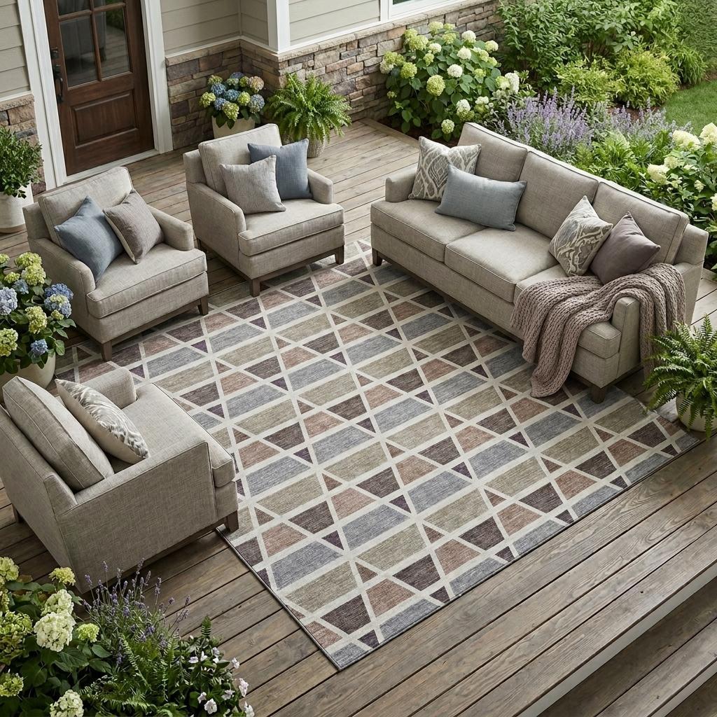 Beige geometric patterned outdoor rug on wooden patio with gray sofa and chairs, surrounded by lush greenery.