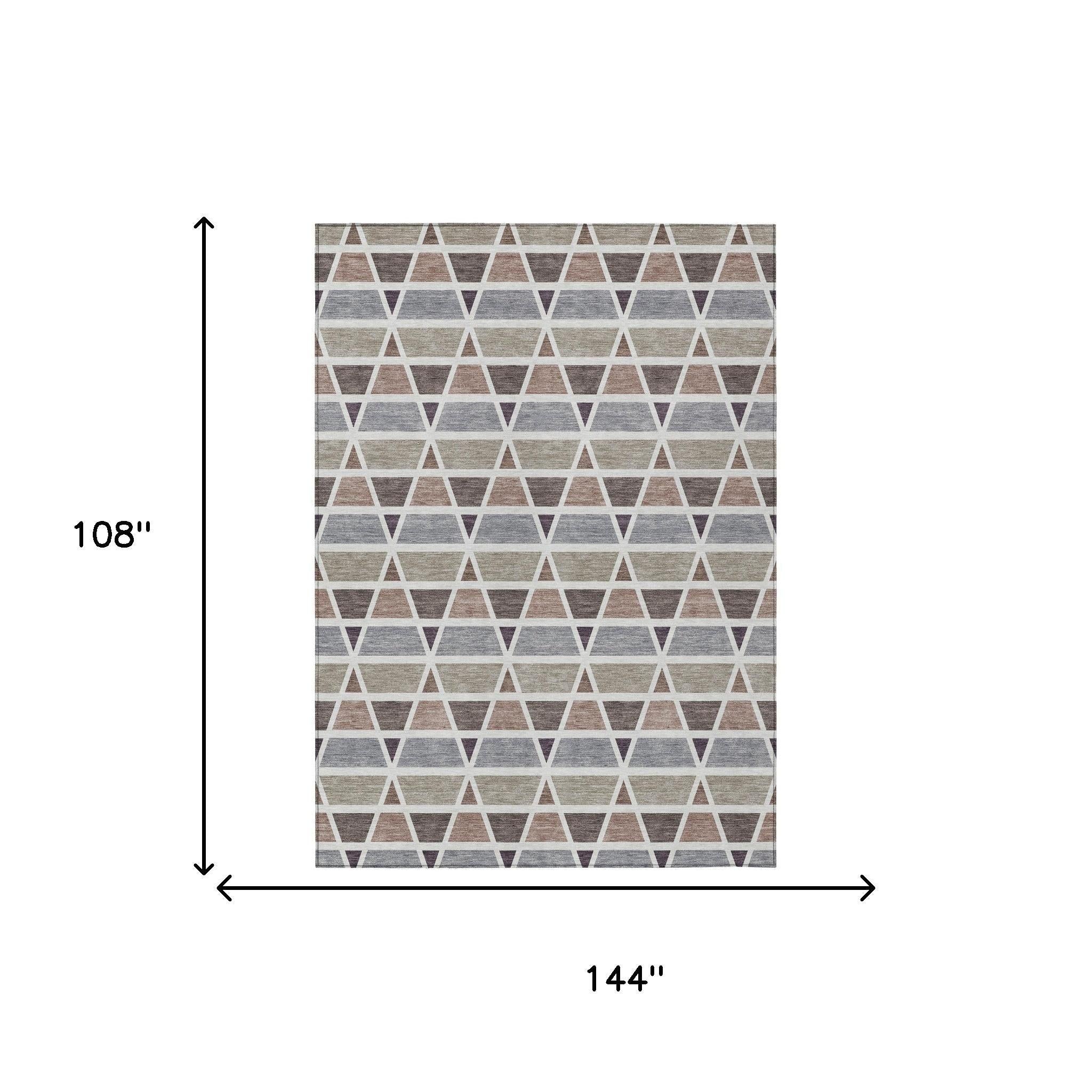 Geometric triangle area rug in varying shades of gray and beige, made from soft synthetic material, 108"x144".