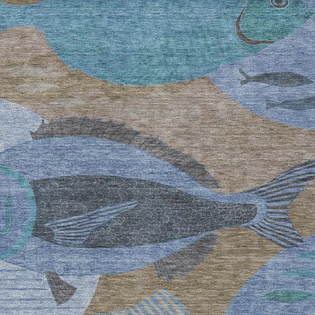 9' X 12' Taupe And Denim Blue Tropical Fish Washable Indoor Outdoor Area Rug Homeroots Outdoor