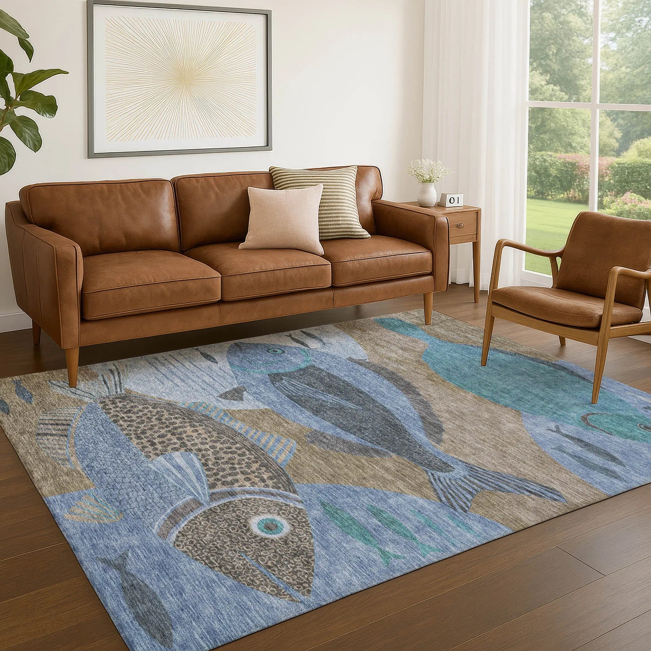 9' X 12' Taupe And Denim Blue Tropical Fish Washable Indoor Outdoor Area Rug Homeroots Outdoor