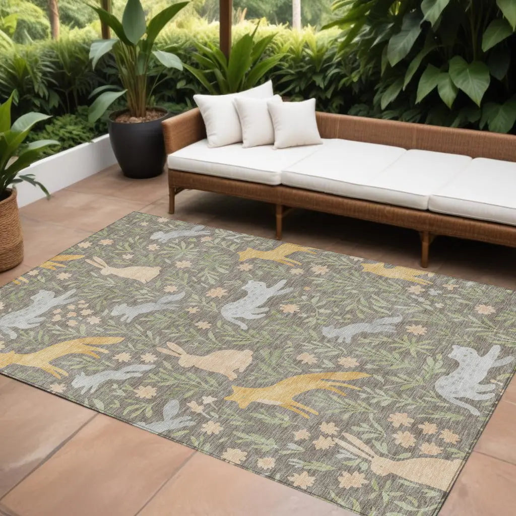 9' X 12' Taupe And Green Forest Animals And Botanical Leaves Washable Area Rug Homeroots Outdoor