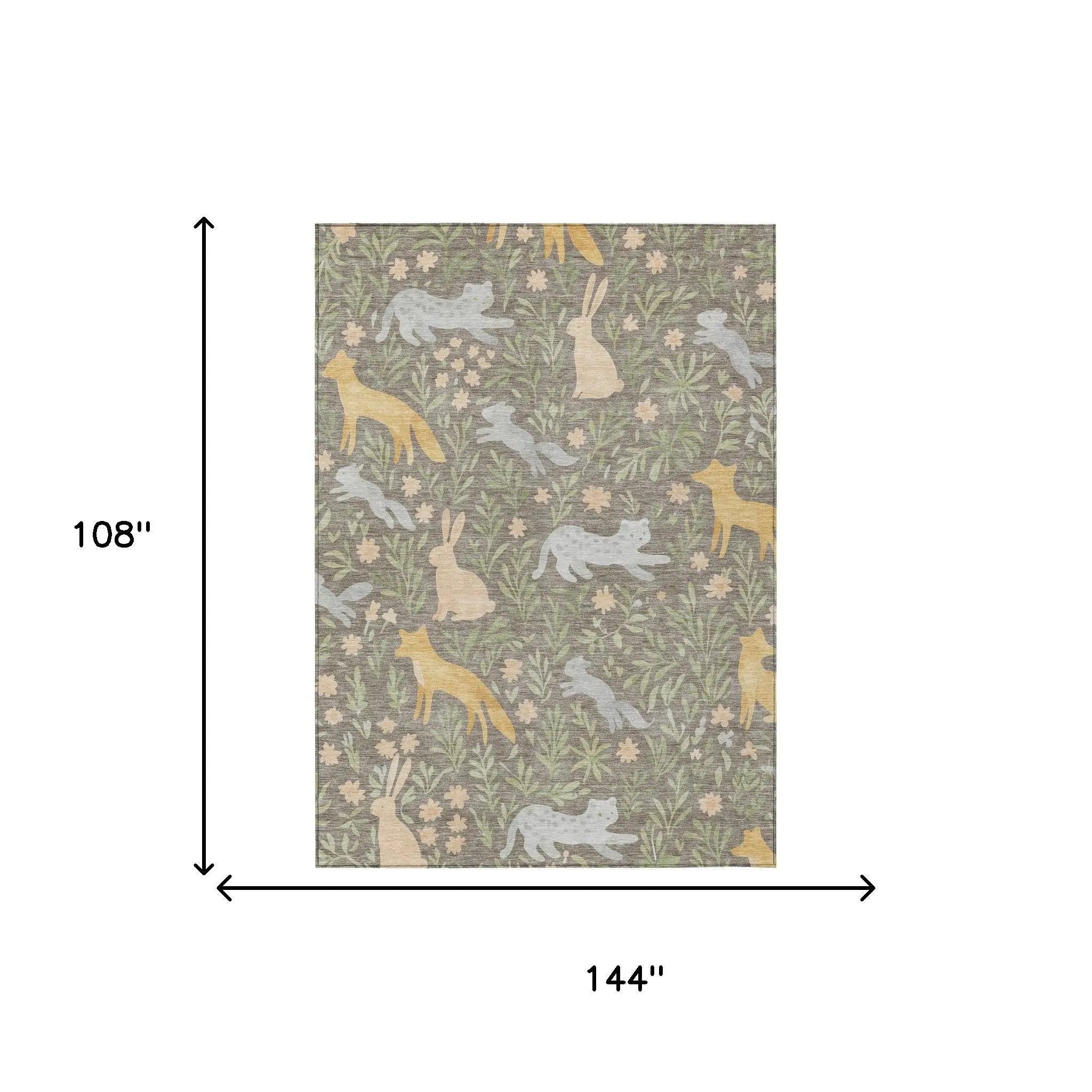 9' X 12' Taupe And Green Forest Animals And Botanical Leaves Washable Area Rug Homeroots Outdoor
