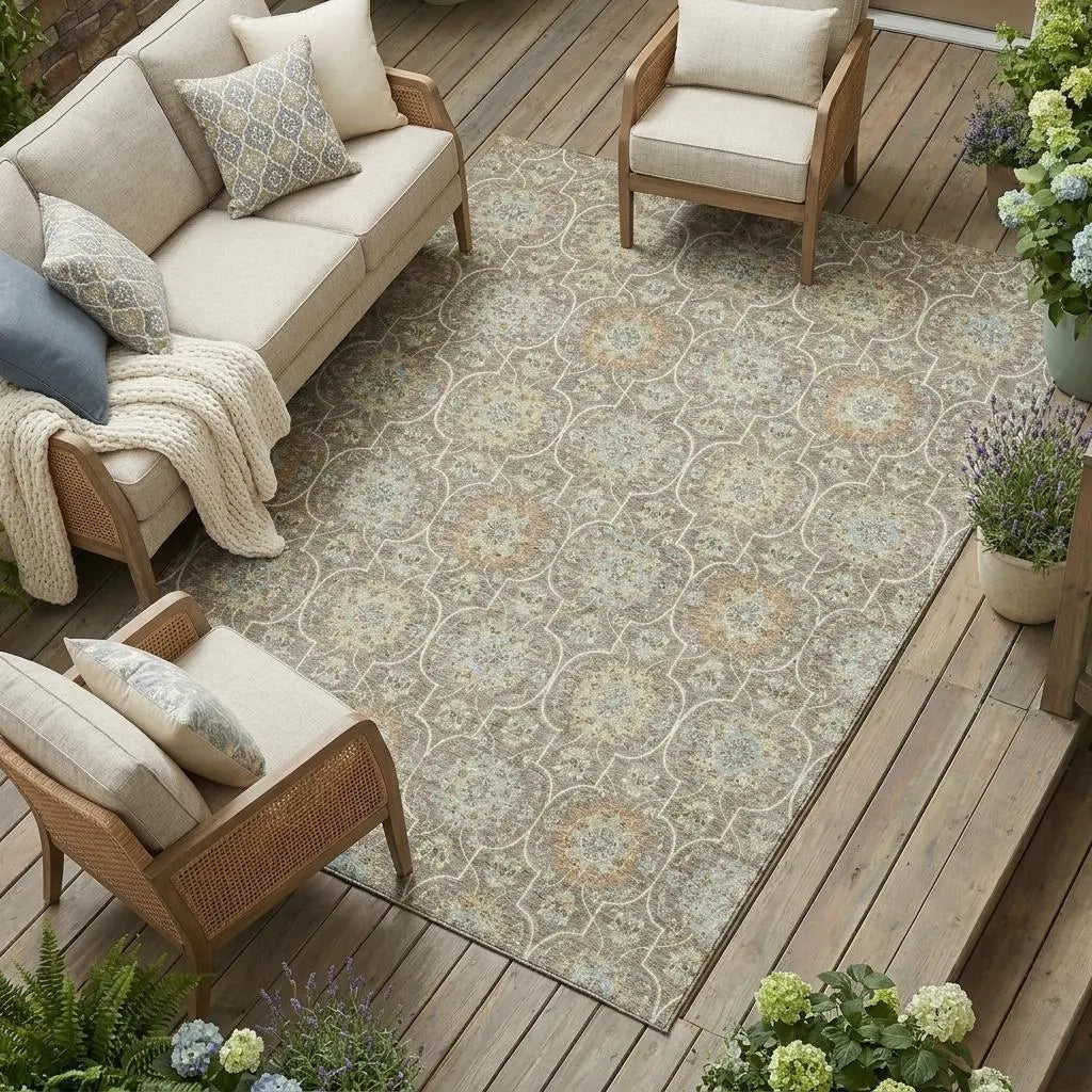 9' X 12' Taupe And Ivory Floral Medallion Washable Indoor Outdoor Area Rug Homeroots Outdoor