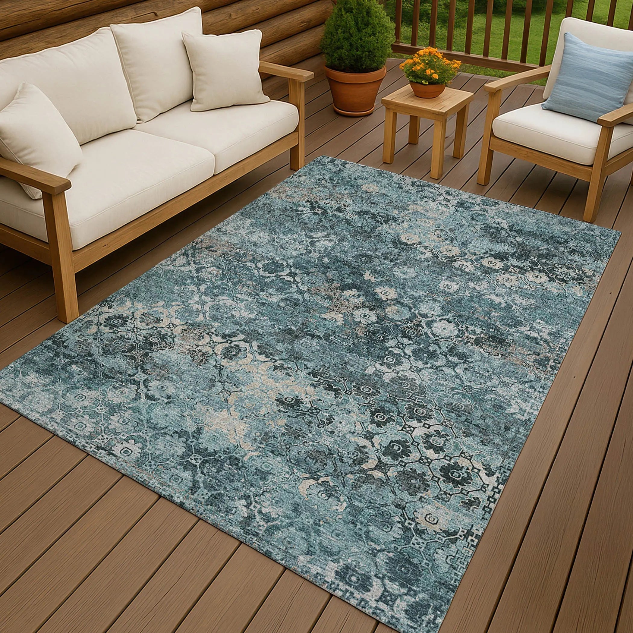 9' X 12' Teal Blue And Aqua Abstract Washable Indoor Outdoor Area Rug Homeroots Outdoor