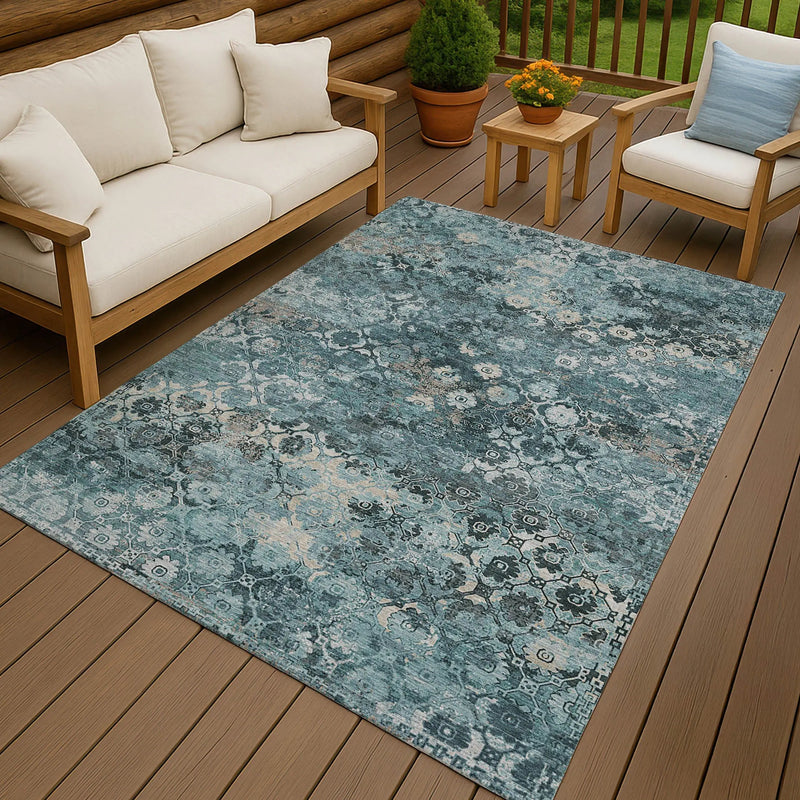 9' X 12' Teal Blue And Aqua Abstract Washable Indoor Outdoor Area Rug Homeroots Outdoor