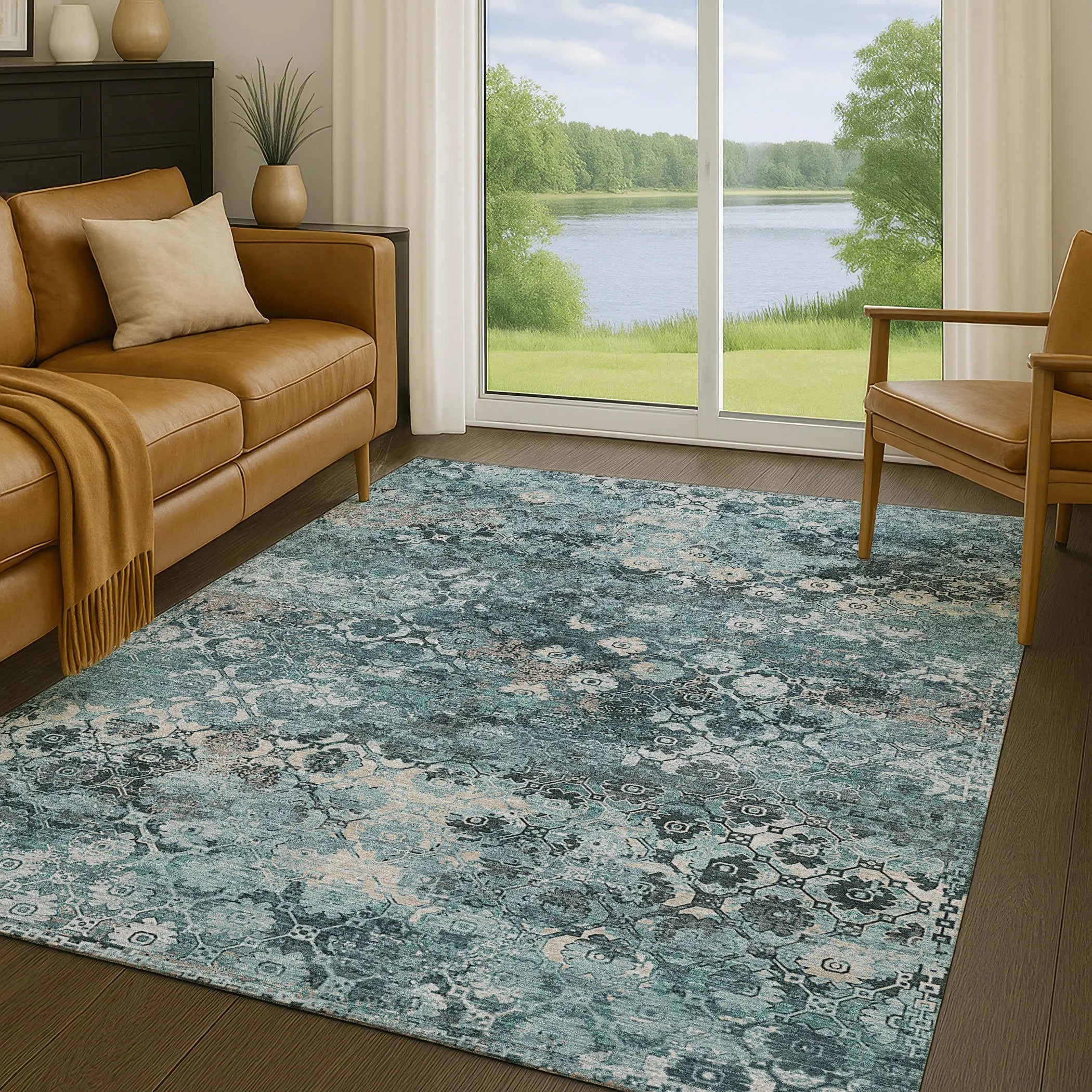 9' X 12' Teal Blue And Aqua Abstract Washable Indoor Outdoor Area Rug Homeroots Outdoor