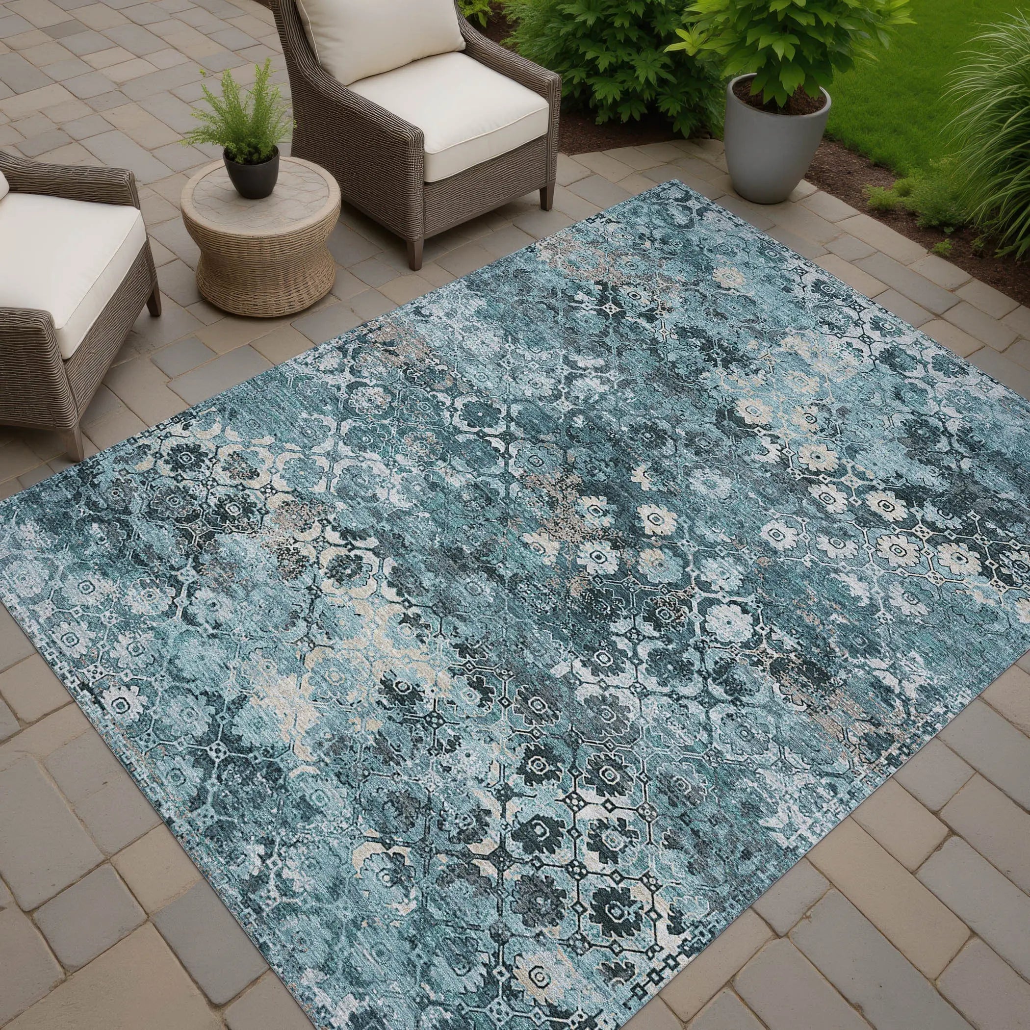 9' X 12' Teal Blue And Aqua Abstract Washable Indoor Outdoor Area Rug Homeroots Outdoor