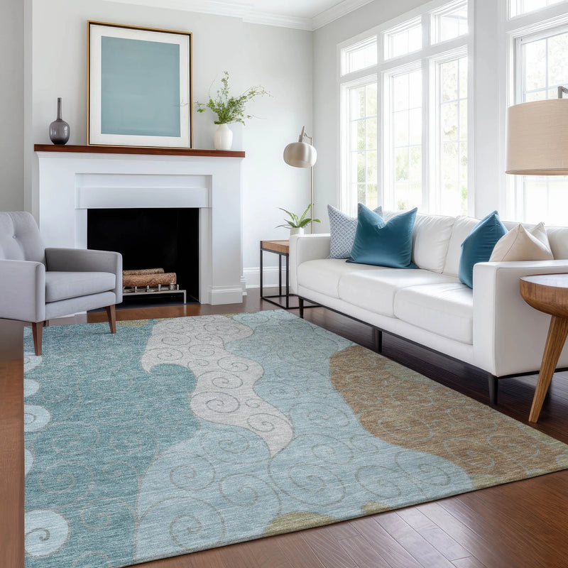 9' X 12' Teal Blue And Aqua Abstract Washable Indoor Outdoor Area Rug Homeroots Outdoor