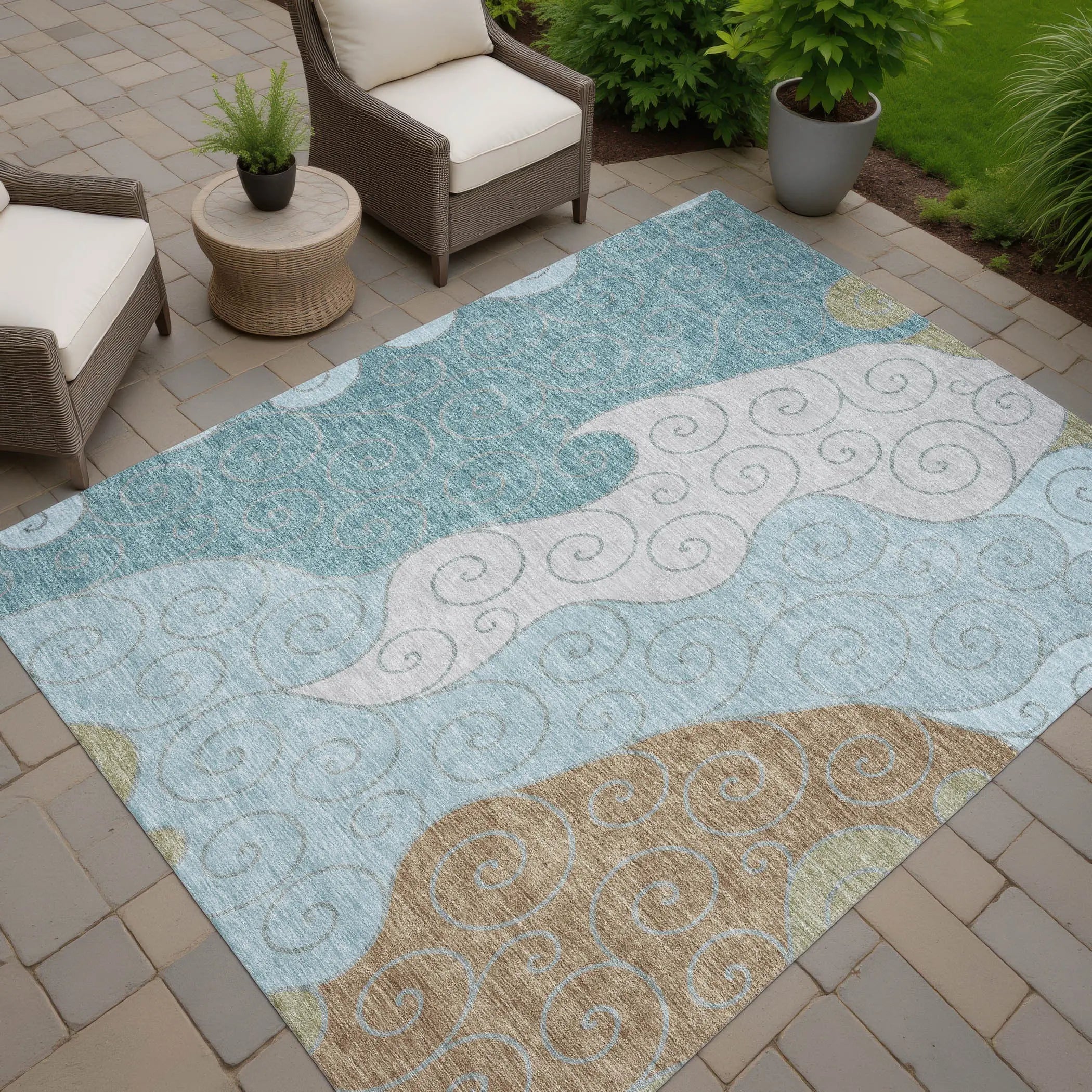 9' X 12' Teal Blue And Aqua Abstract Washable Indoor Outdoor Area Rug Homeroots Outdoor