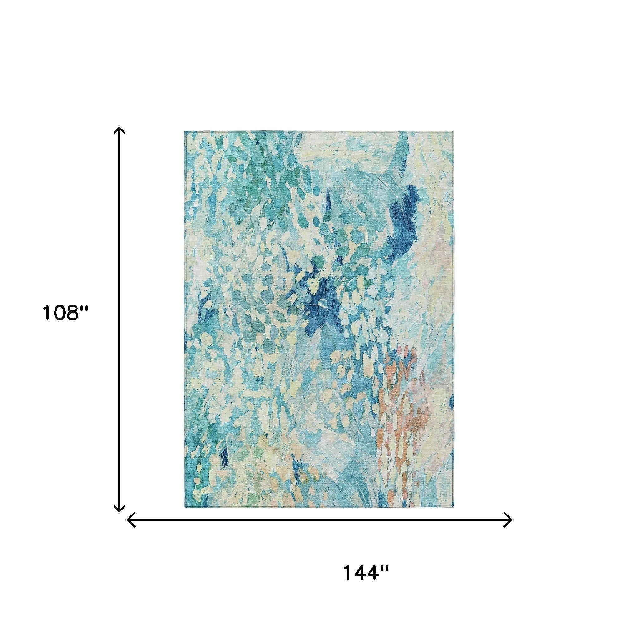 9' X 12' Teal Blue And Aqua Abstract Washable Indoor Outdoor Area Rug Homeroots Outdoor