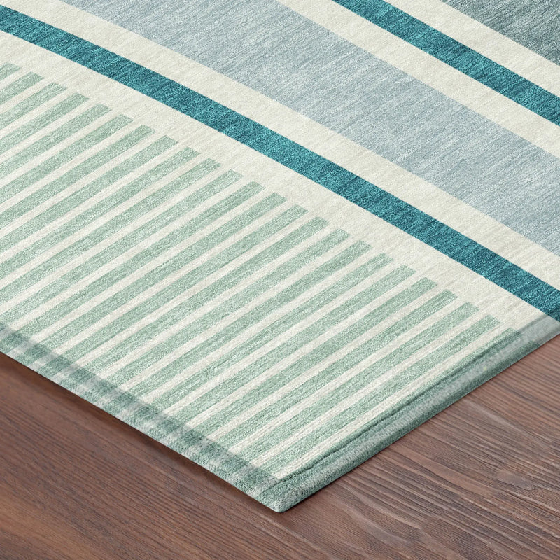 Soft blue and mint green striped area rug with a modern design, perfect for contemporary living spaces.