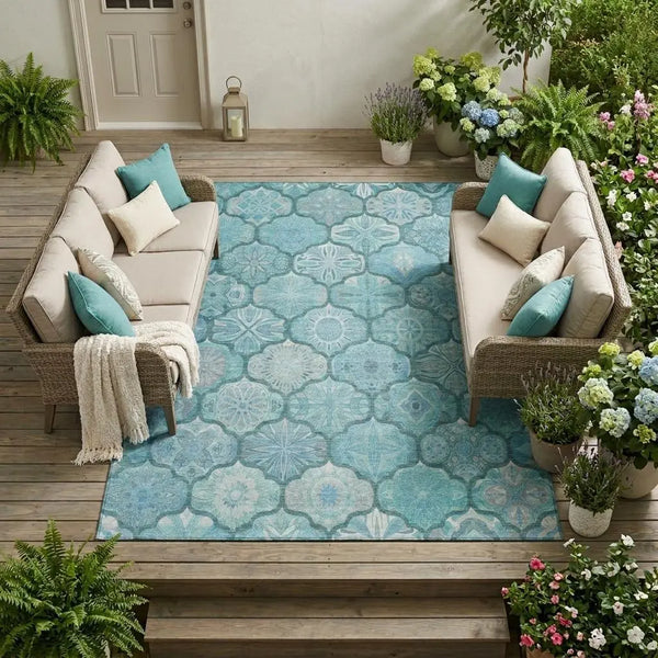 9' X 12' Teal Blue And Aqua Ogee Washable Indoor Outdoor Area Rug Homeroots Outdoor