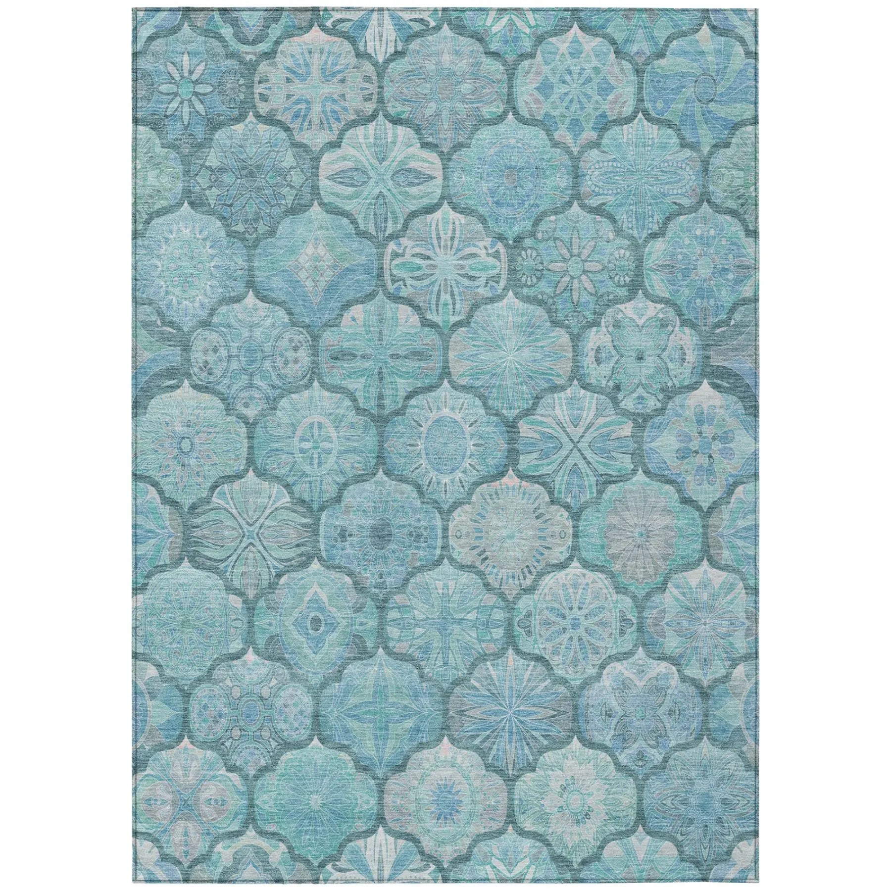 9' X 12' Teal Blue And Aqua Ogee Washable Indoor Outdoor Area Rug Homeroots Outdoor