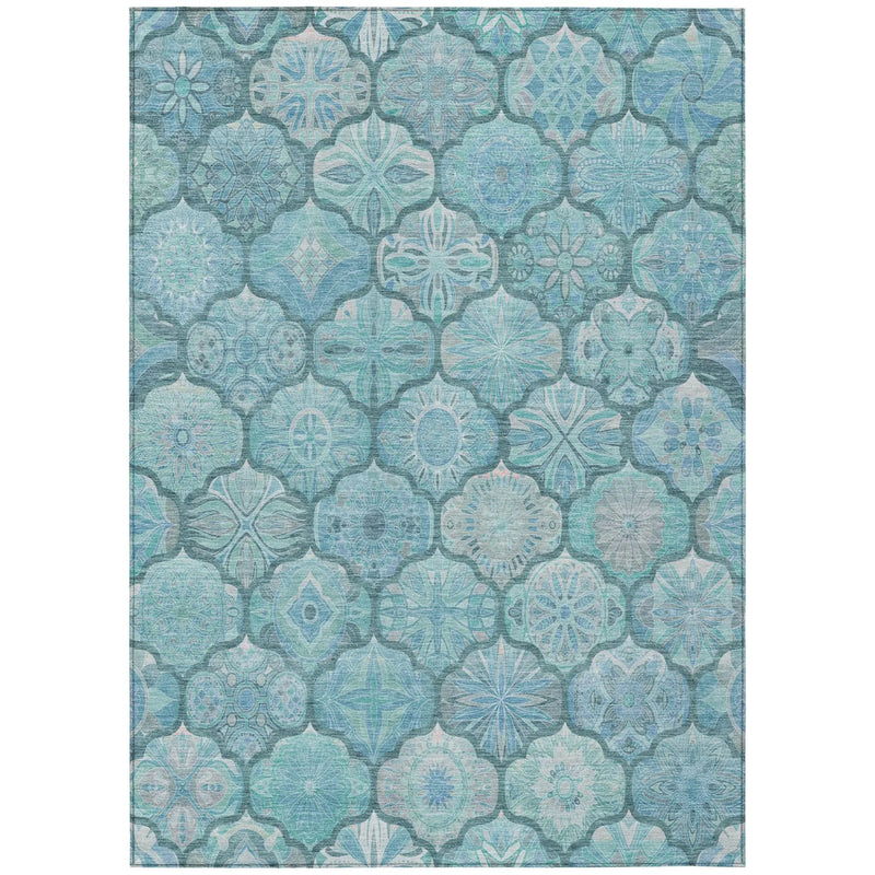 9' X 12' Teal Blue And Aqua Ogee Washable Indoor Outdoor Area Rug Homeroots Outdoor