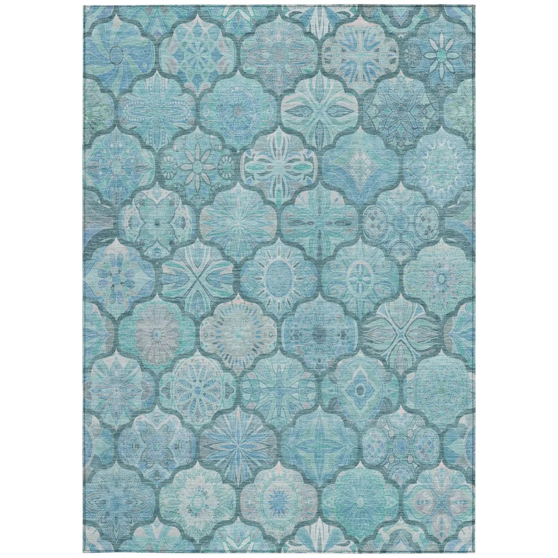 9' X 12' Teal Blue And Aqua Ogee Washable Indoor Outdoor Area Rug Homeroots Outdoor