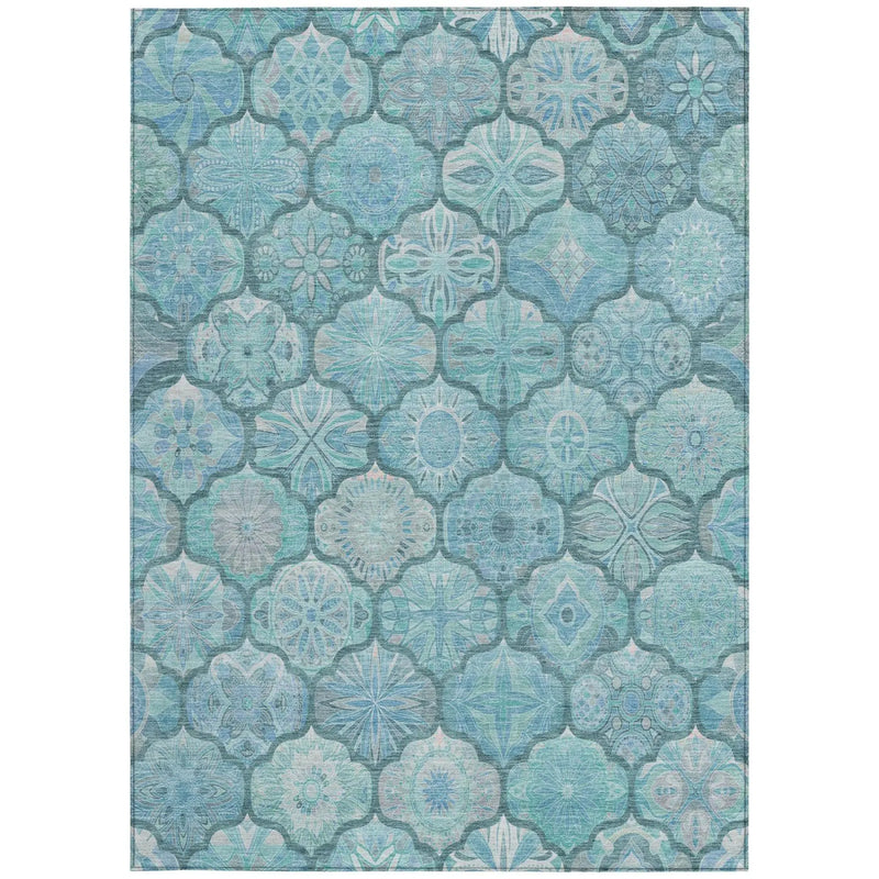 9' X 12' Teal Blue And Aqua Ogee Washable Indoor Outdoor Area Rug Homeroots Outdoor