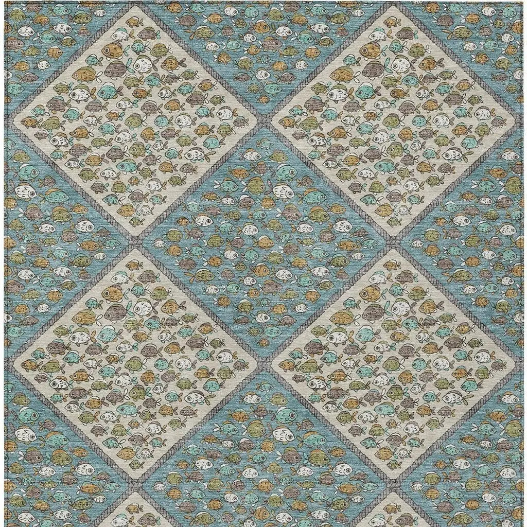 9' X 12' Teal Blue And Beige Abstract Washable Indoor Outdoor Area Rug Homeroots Outdoor