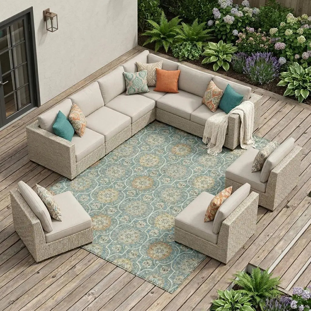 9' X 12' Teal Blue And Beige Floral Medallion Washable Indoor Outdoor Area Rug Homeroots Outdoor