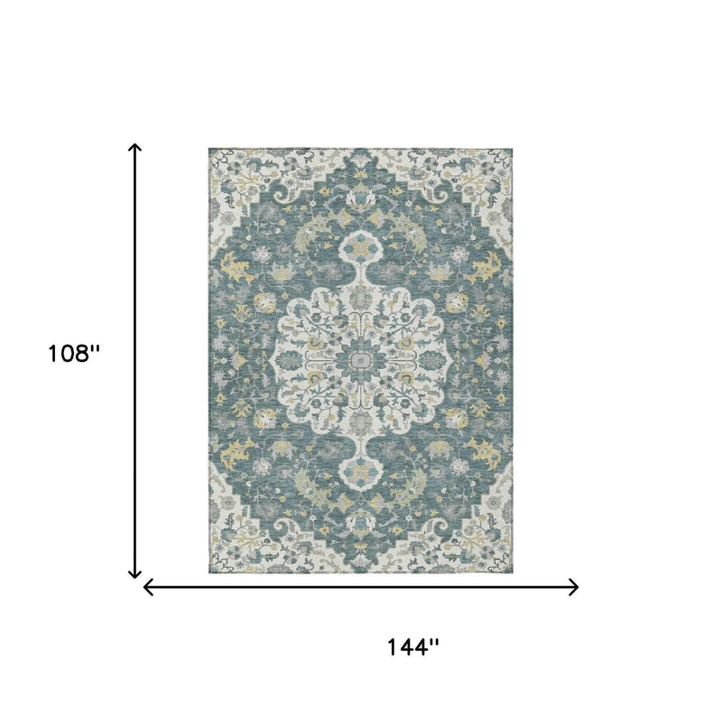 9' X 12' Teal Blue And Beige Floral Medallion Washable Indoor Outdoor Area Rug Homeroots Outdoor