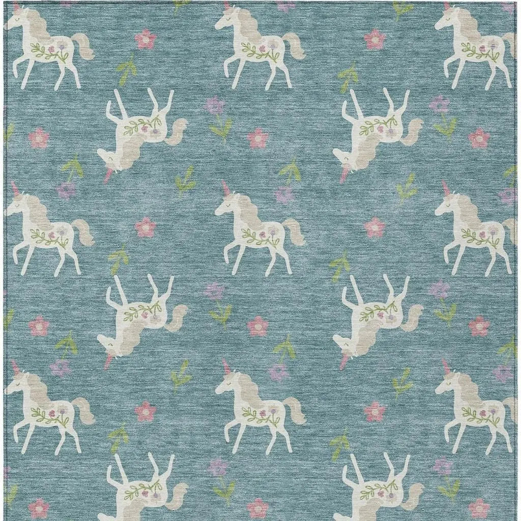 9' X 12' Teal Blue And Beige Floral Washable Indoor Outdoor Area Rug Homeroots Outdoor