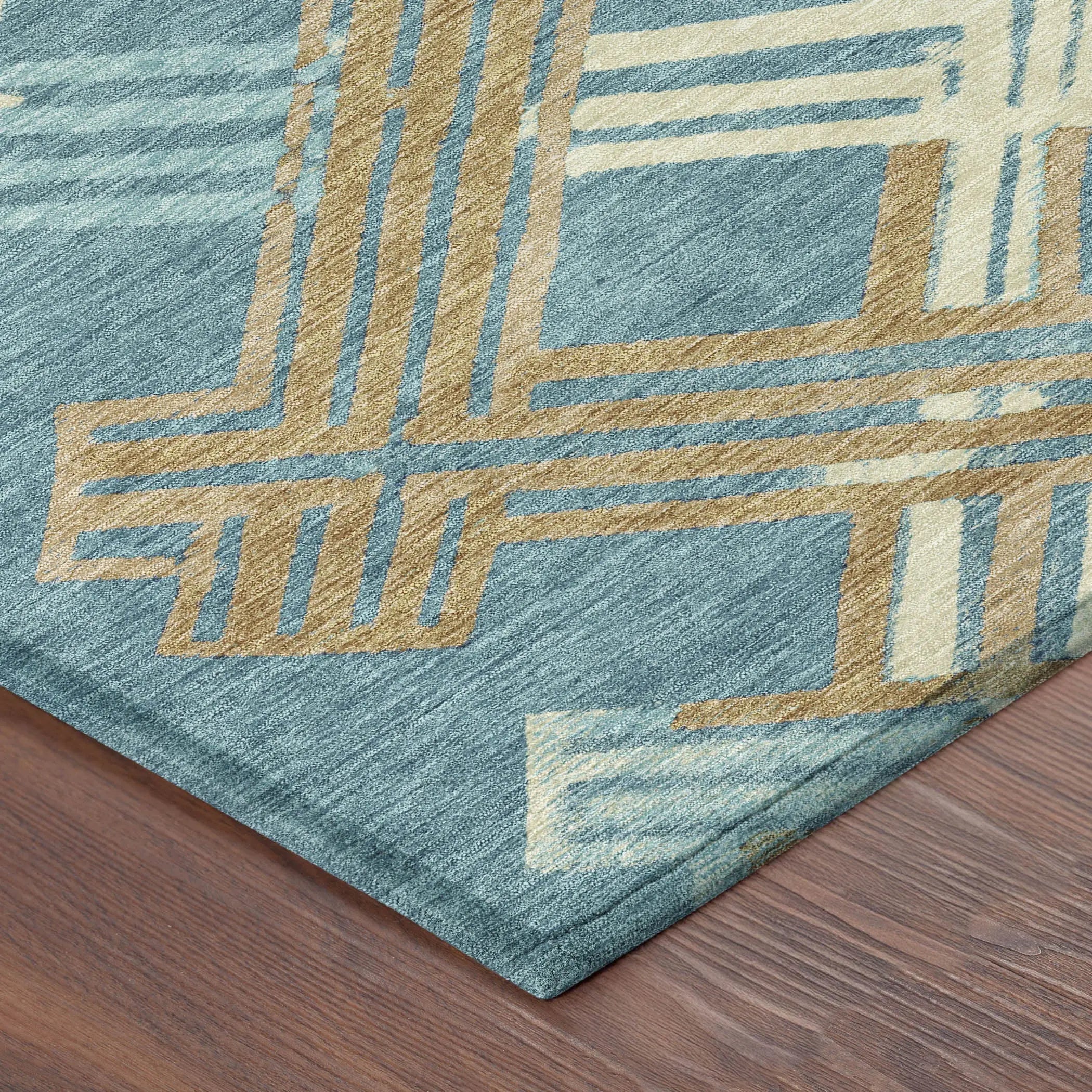 9' X 12' Teal Blue And Beige Geometric Washable Indoor Outdoor Area Rug Homeroots Outdoor